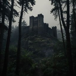 A captivating charcoal sketch depicts an ancient castle shrouded by a dark, misty forest. This artwork evokes a sense of myst
