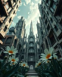 A captivating low-angle perspective reveals a post-apocalyptic city, uniquely characterized by geometric structures and surpr