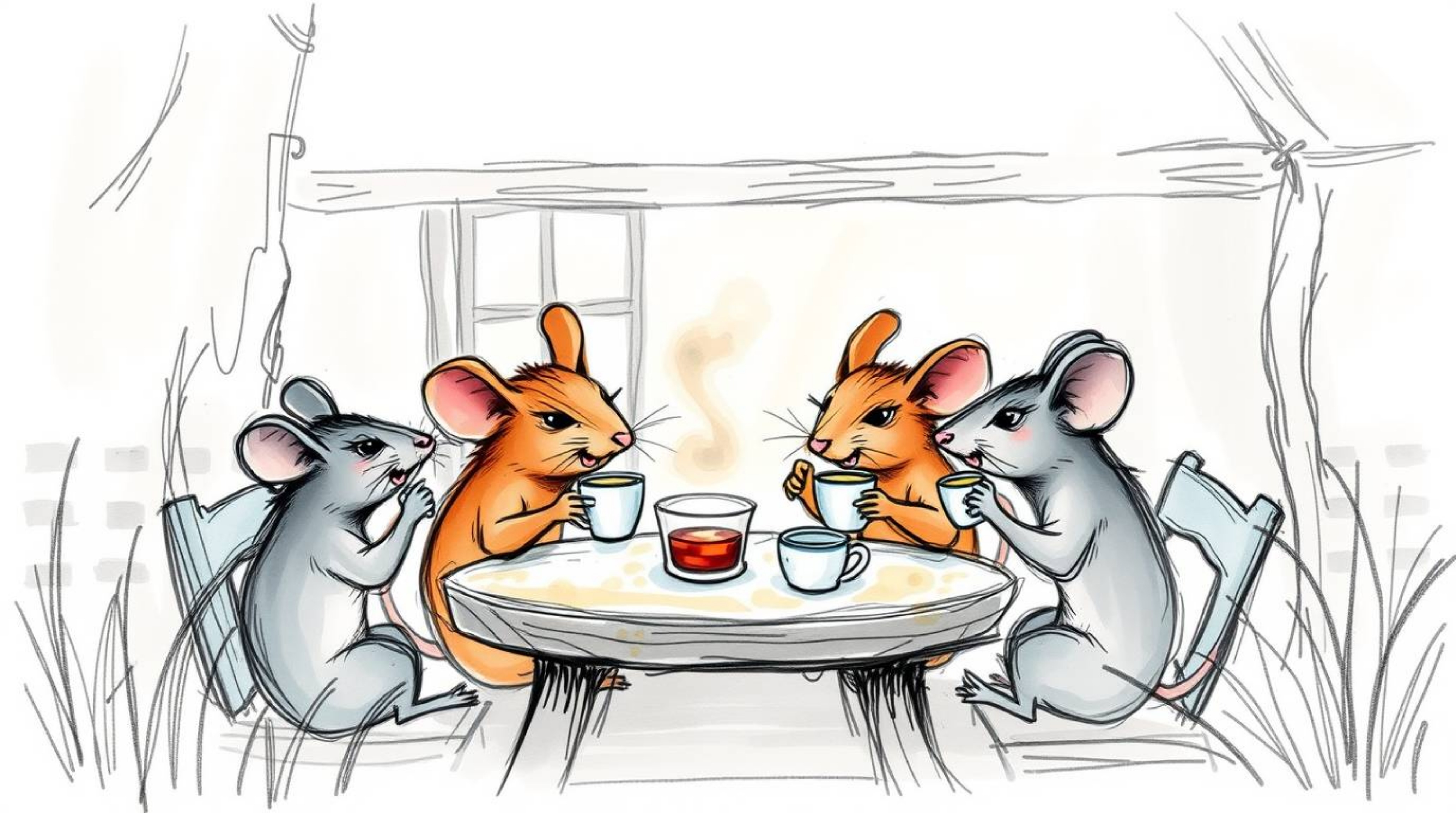 A charming hand-drawn sketchnote depicts anthropomorphic mice enjoying a tea party within a cozy cottage shrouded in thick fo