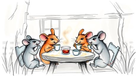 A charming hand-drawn sketchnote depicts anthropomorphic mice enjoying a tea party within a cozy cottage shrouded in thick fo