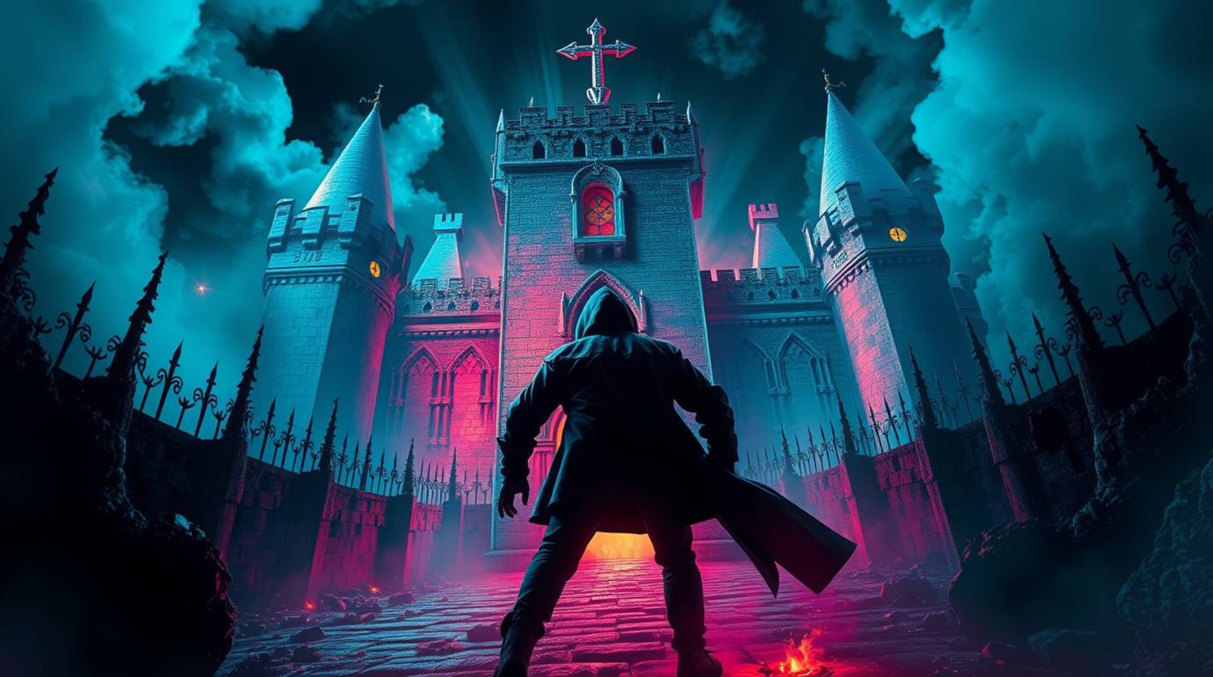 A captivating scene depicts a daring thief infiltrating a heavily guarded castle, rendered with electric vivid colors and hig