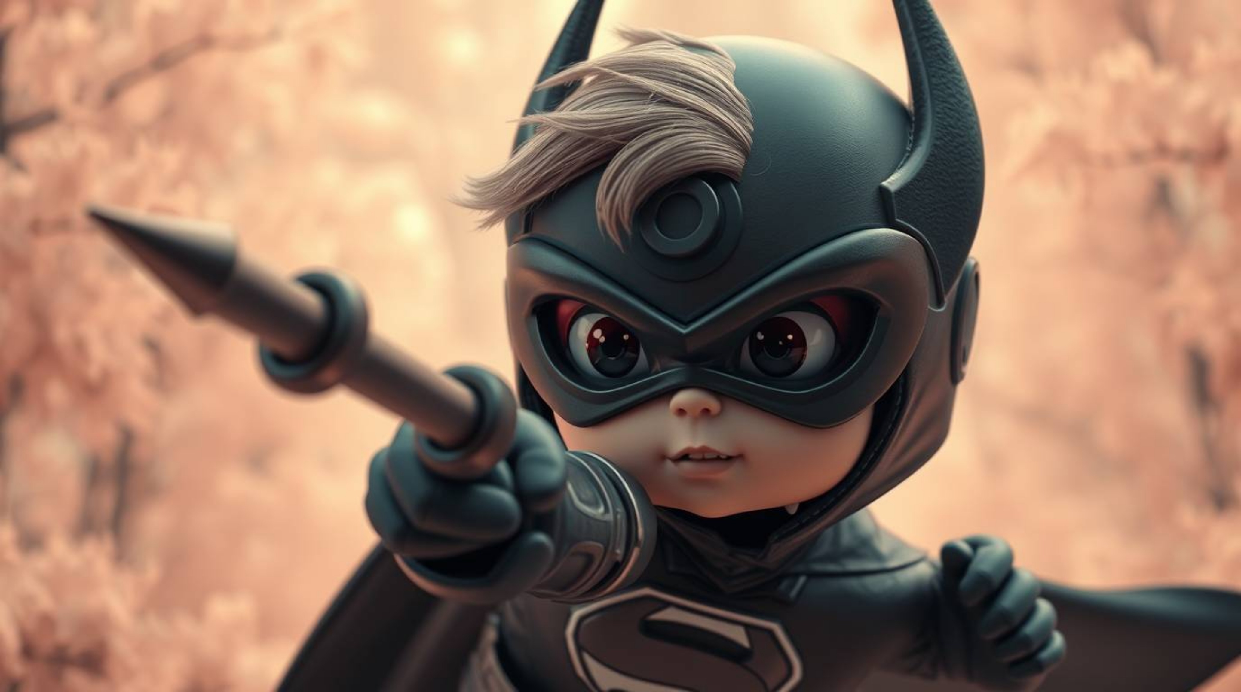 Discover a charming and adorable superhero, boasting cute features, engaged in a comical battle against a silly villain. This