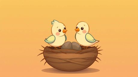 Experience the charm of two cartoon birds diligently building a nest in a classic animation style. This delightful scene feat