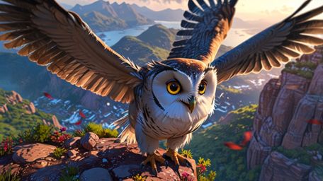 A dramatic and inspiring scene, rendered in a captivating Pixar and anime style, captures a blind owl mentoring young birds o