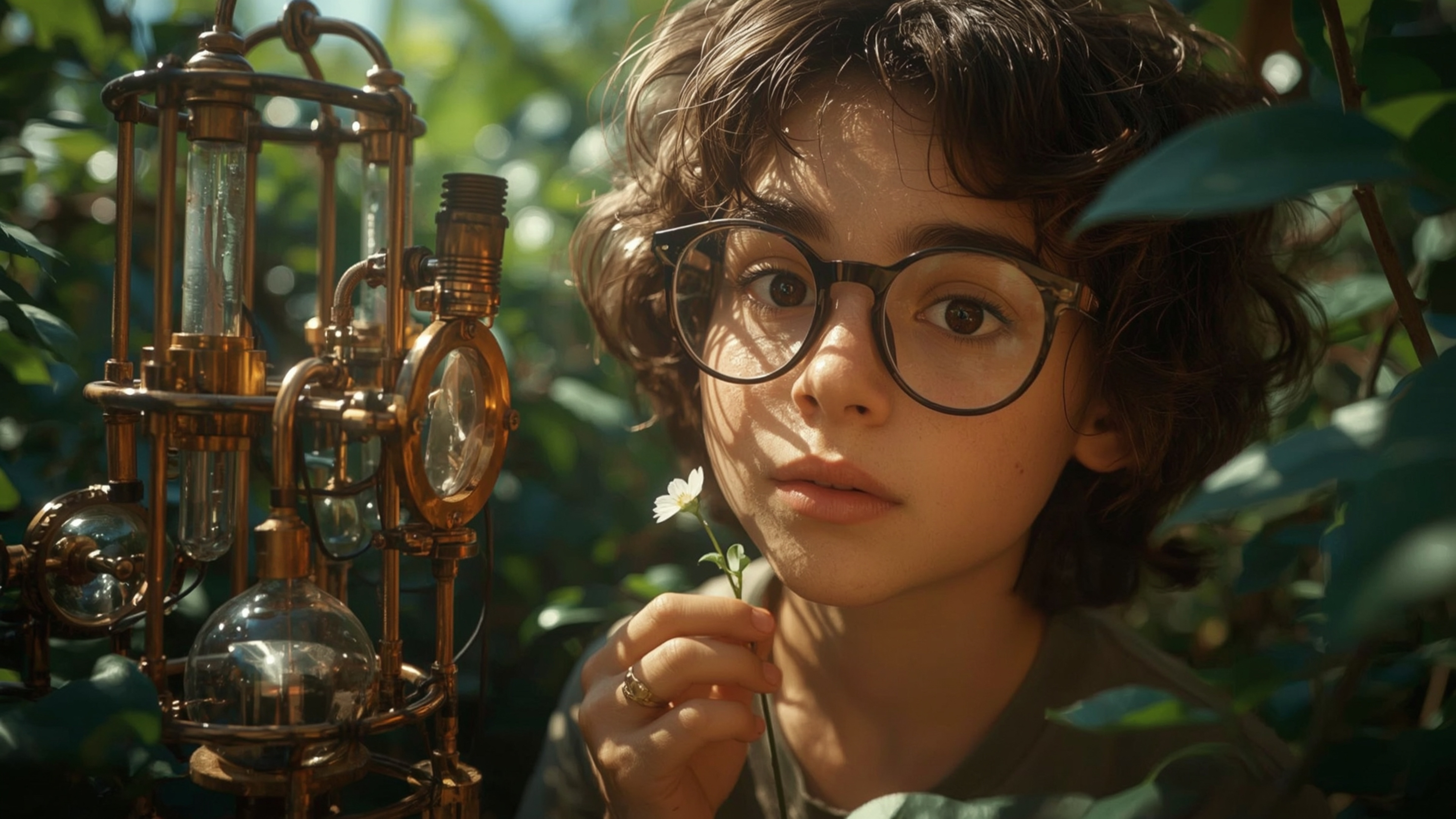 a vibrant, whimsical, Pixar-inspired photograph of a bright-eyed, bespectacled, homeschooled genius, with curly brown hair an