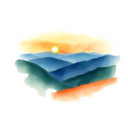 This delicate watercolor painting captures the serene beauty of a sunset over a quiet mountain valley.  Utilizing translucent