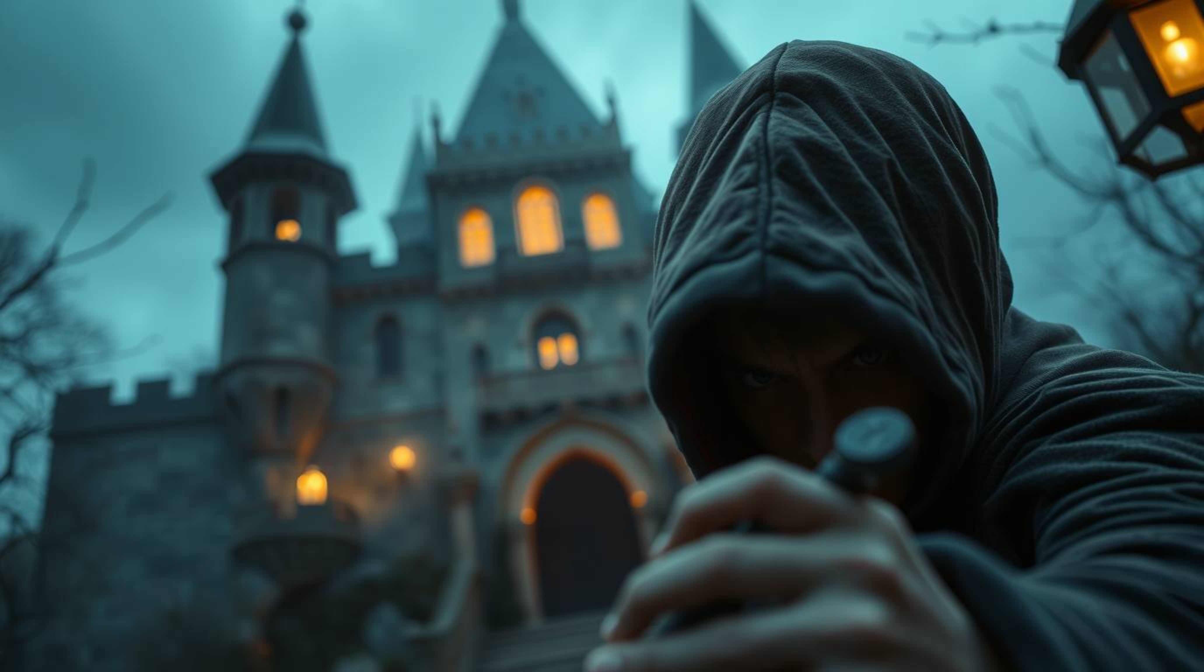 A tight close-up shot captures a thief's daring infiltration into a heavily guarded castle, set within a mystic and enchantin