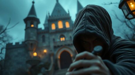 A tight close-up shot captures a thief's daring infiltration into a heavily guarded castle, set within a mystic and enchantin