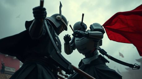 A captivating image depicting a dramatic battle between a samurai and a robot in a dystopian world.  The photojournalistic st