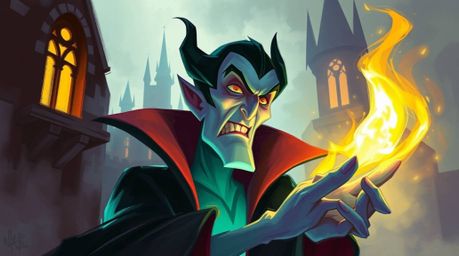 A captivating digital painting depicts a classic Disney villain with sharp features and fair skin, casting a spell within an
