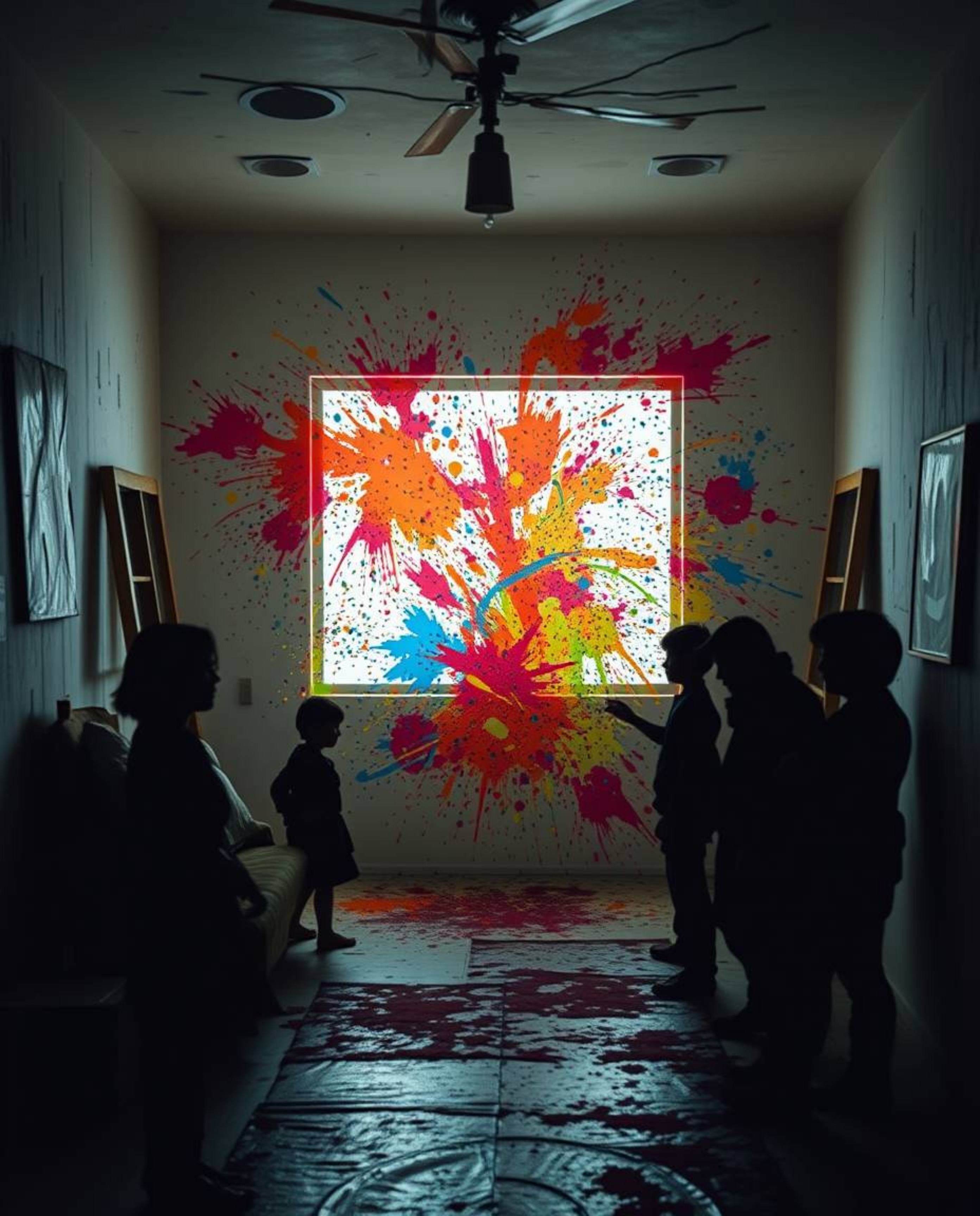 A visually striking photograph showcasing a room exploding with paint, meticulously rendered in layered papier-mâché material