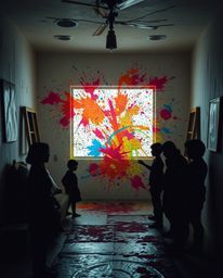 A visually striking photograph showcasing a room exploding with paint, meticulously rendered in layered papier-mâché material