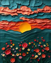 A luxurious and vibrant layered papier-mâché sculpture depicting a spring sunset over a wildflower meadow. This artwork is ch