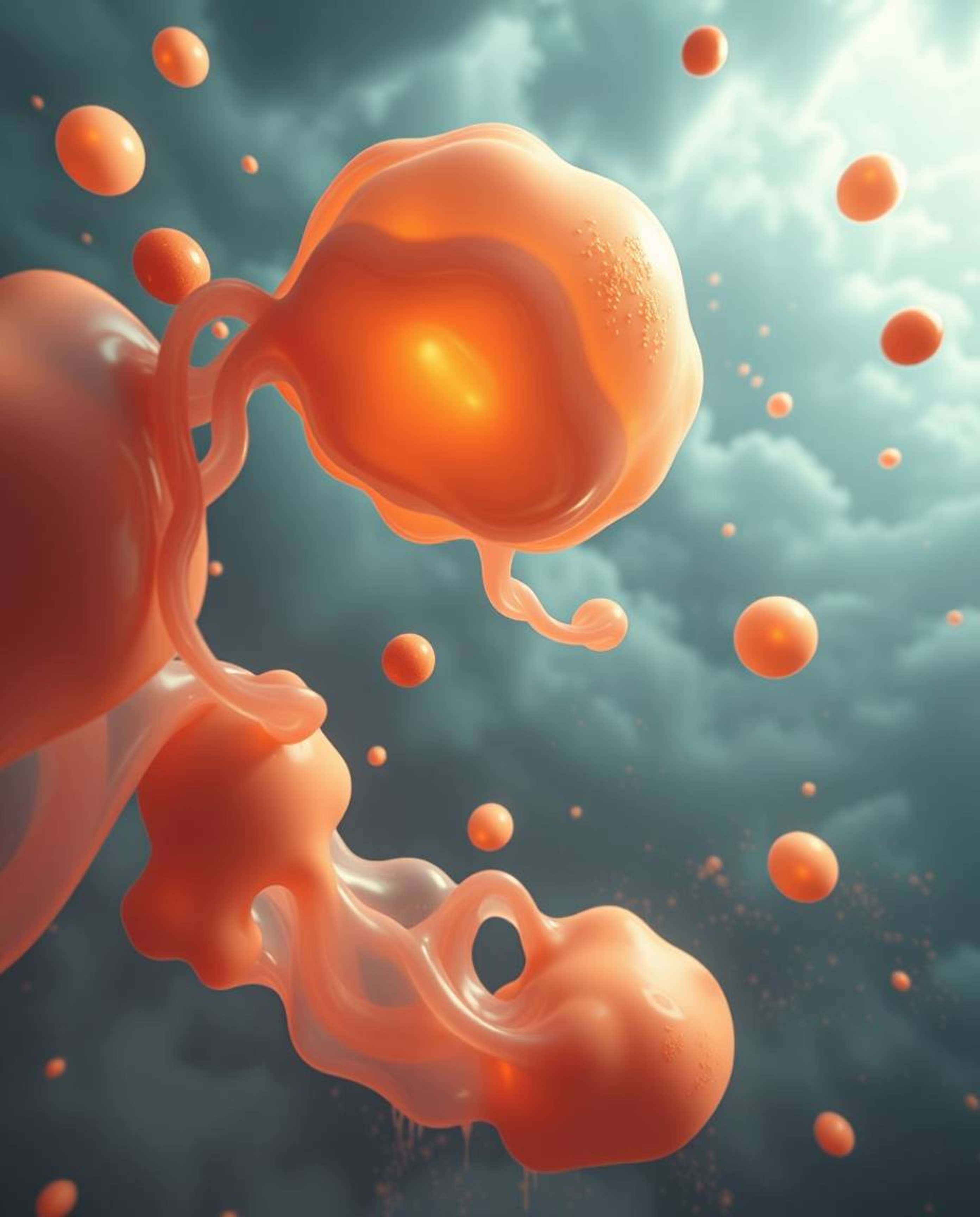 Explore a captivating 3D render featuring fluid organic blobs crafted from translucent materials, gracefully floating in the 