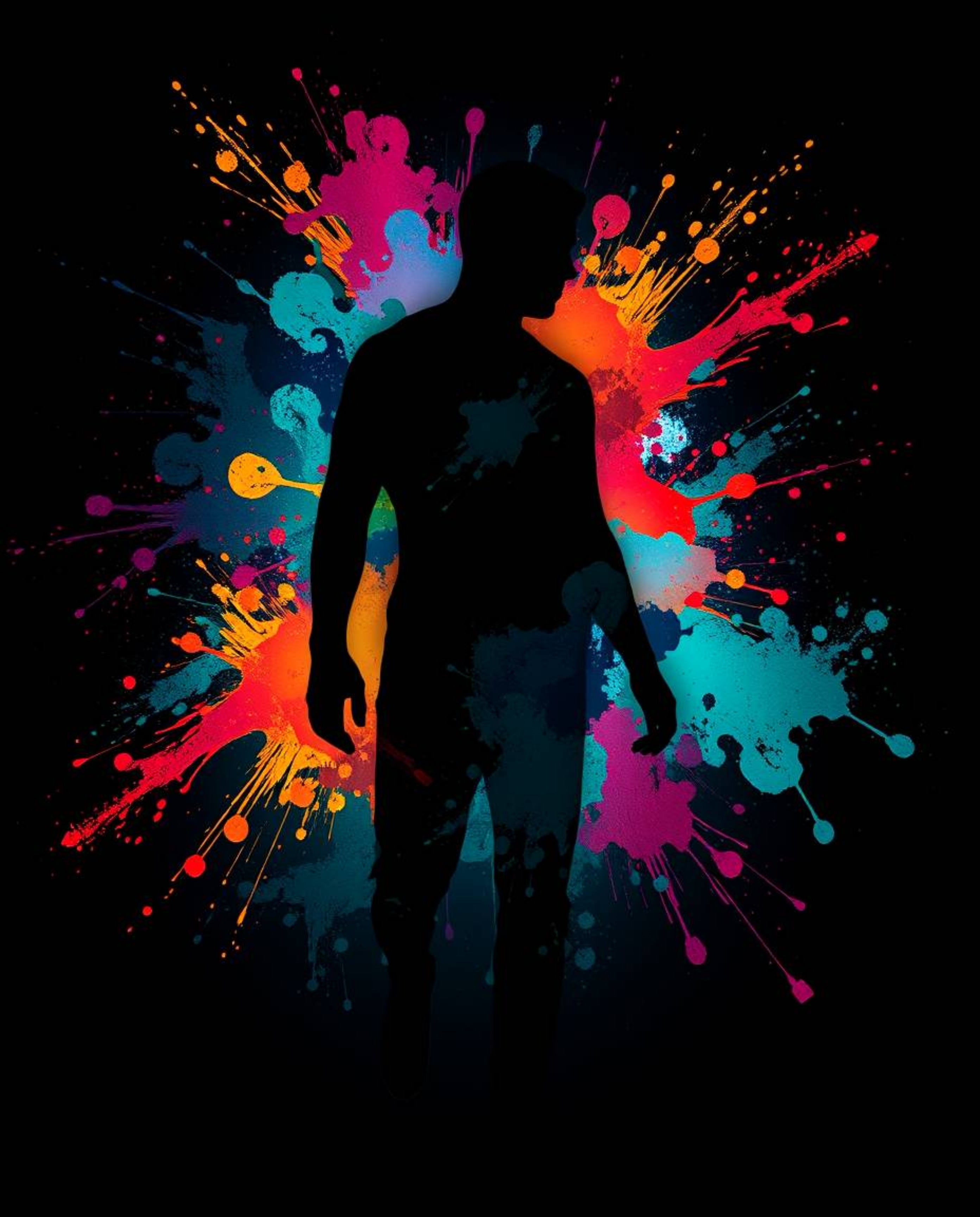 Explore a captivating high-contrast, low-key epic scene featuring a human silhouette formed from vibrant colorful splash patt