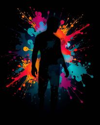 Explore a captivating high-contrast, low-key epic scene featuring a human silhouette formed from vibrant colorful splash patt
