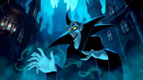 A classic Disney villain with sharp features and pale skin casts a spell within a gothic castle. The scene is bathed in cool
