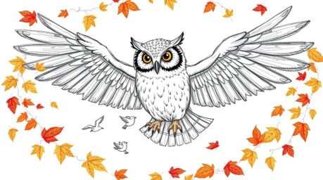 A Pixar-style hand-drawn sketch depicts a wise, blind owl with large, feathered wings, skillfully guiding small birds in flig