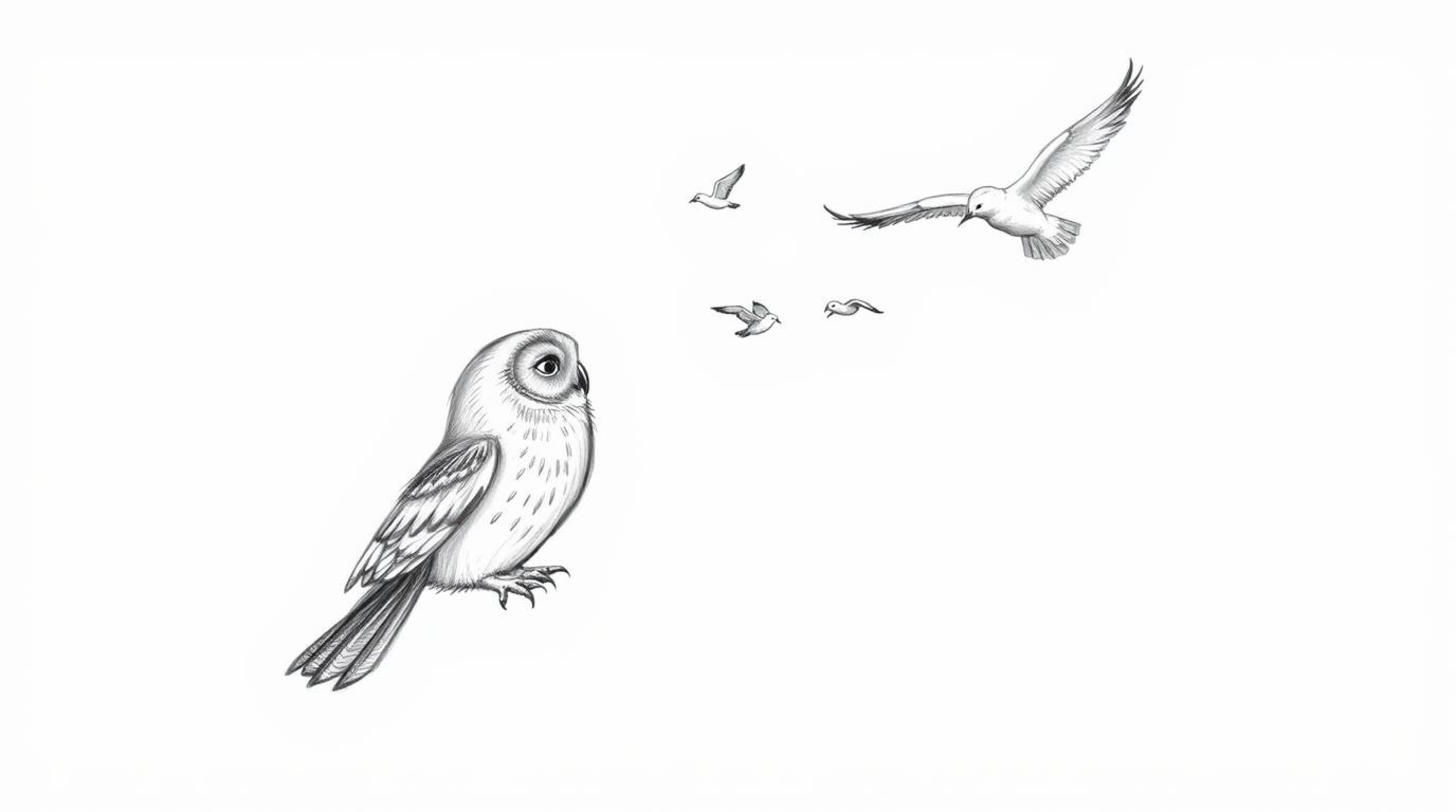A charming hand-drawn sketch in the style of Pixar depicts a blind owl gently guiding a flock of birds in flight. The textur