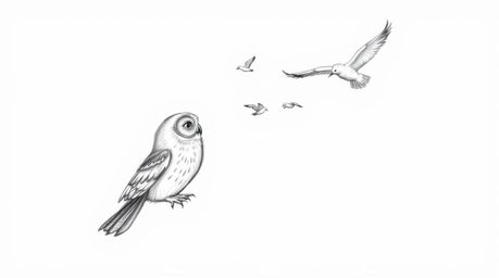 A charming hand-drawn sketch in the style of Pixar depicts a blind owl gently guiding a flock of birds in flight.  The textur