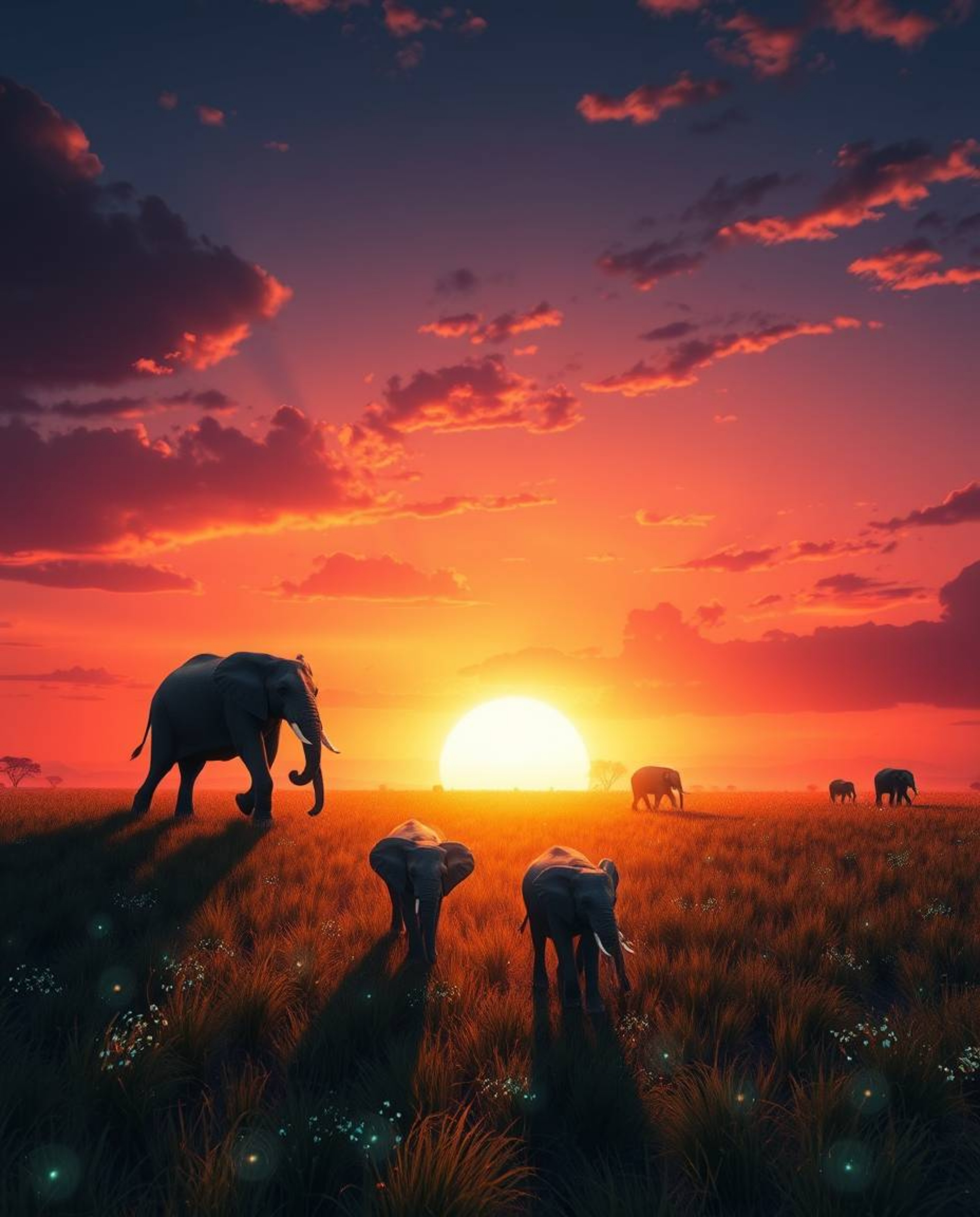 This is a digital illustration of elephants walking across a field at sunset, captured from a stunning overhead bird’s eye vi