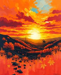This bold acrylic painting captures a breathtaking sunrise over a war-torn landscape, utilizing vibrant and warm autumn color