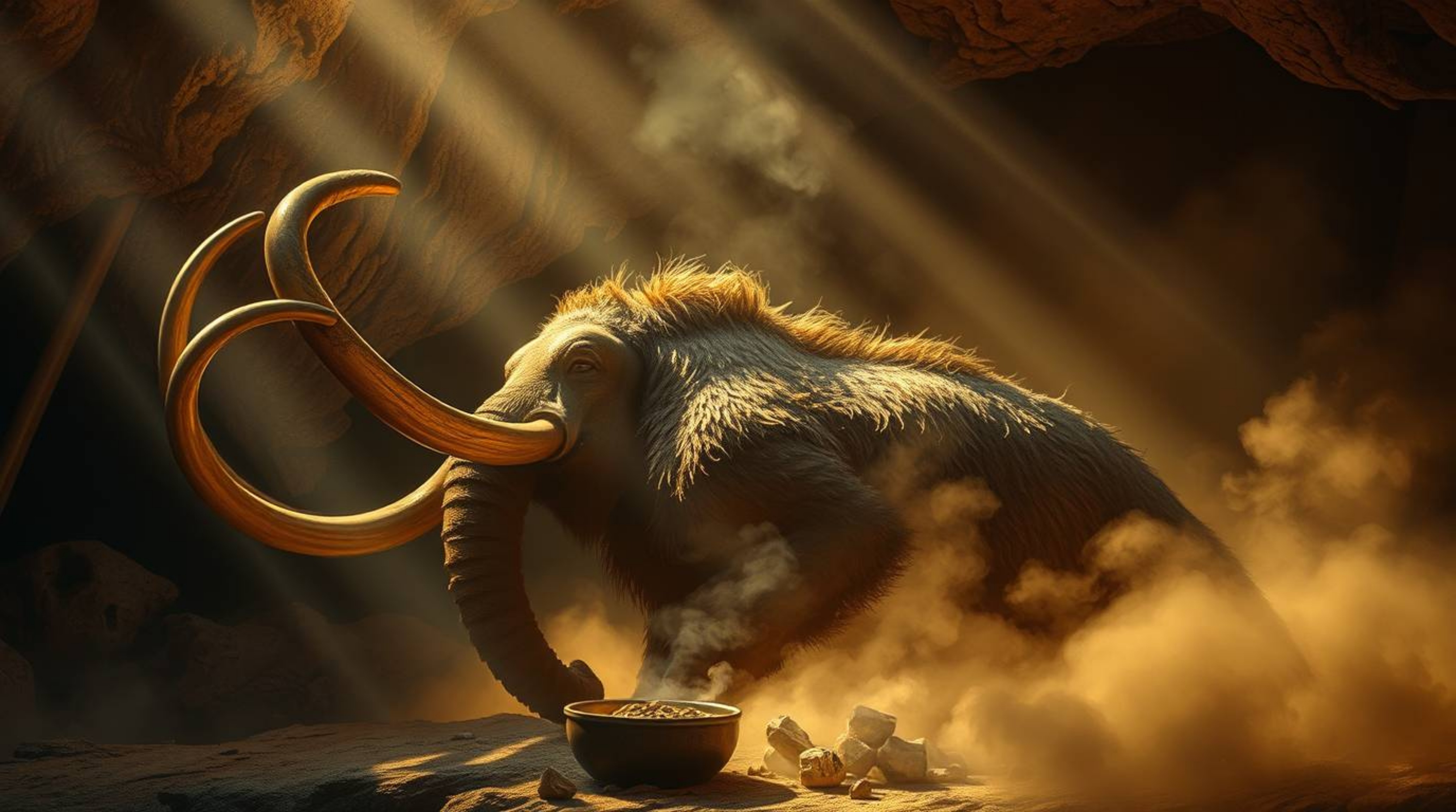 Experience a stunning scene blending prehistoric life with artistic mastery. Imagine a caveman meticulously cooking mammoth m