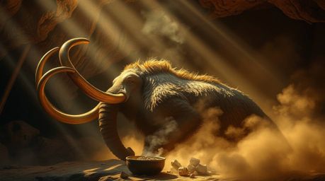 Experience a stunning scene blending prehistoric life with artistic mastery. Imagine a caveman meticulously cooking mammoth m