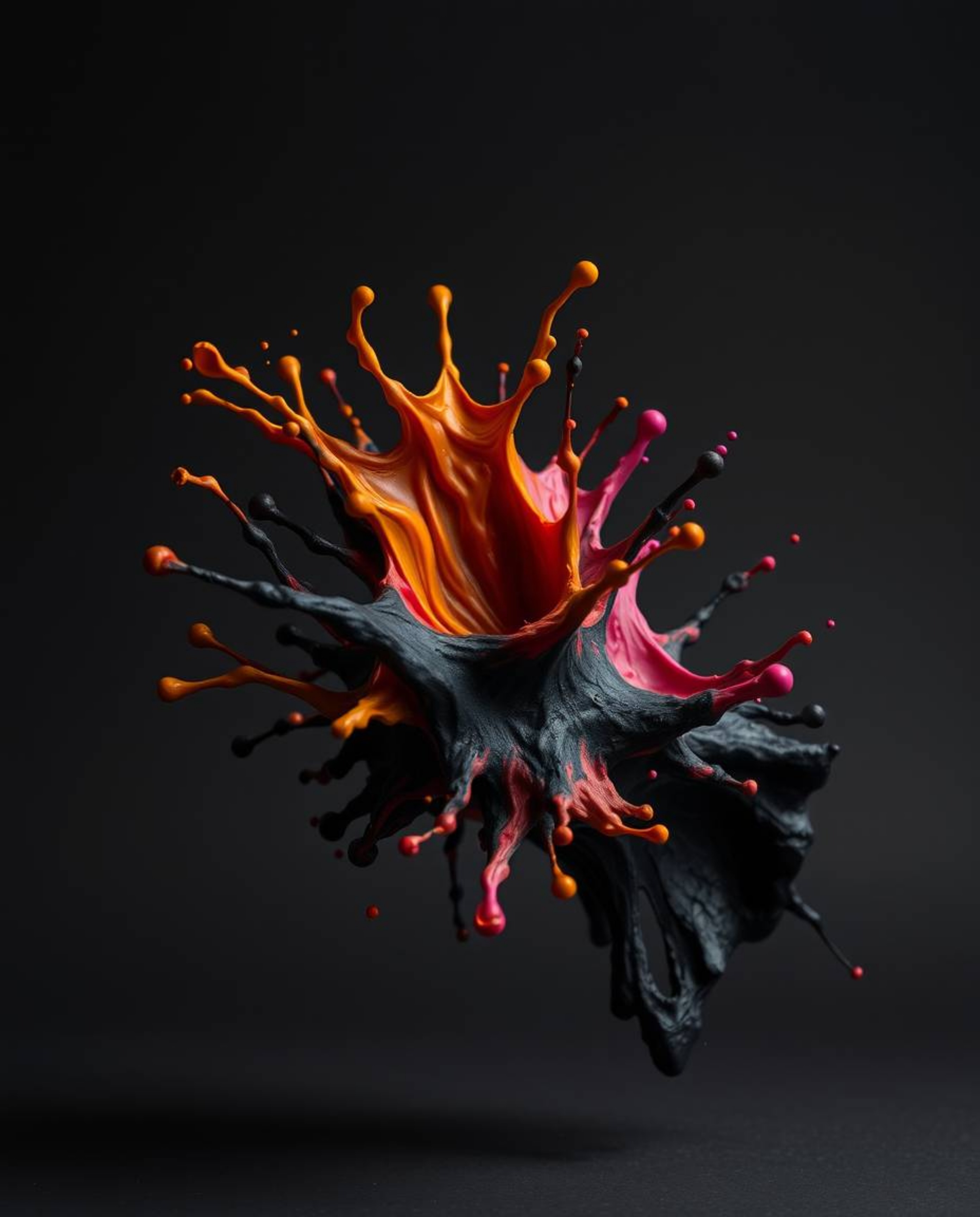 Explore the captivating world of intense jet black sculptural art, featuring a high-speed photograph of a colorful paint spla