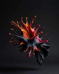 Explore the captivating world of intense jet black sculptural art, featuring a high-speed photograph of a colorful paint spla