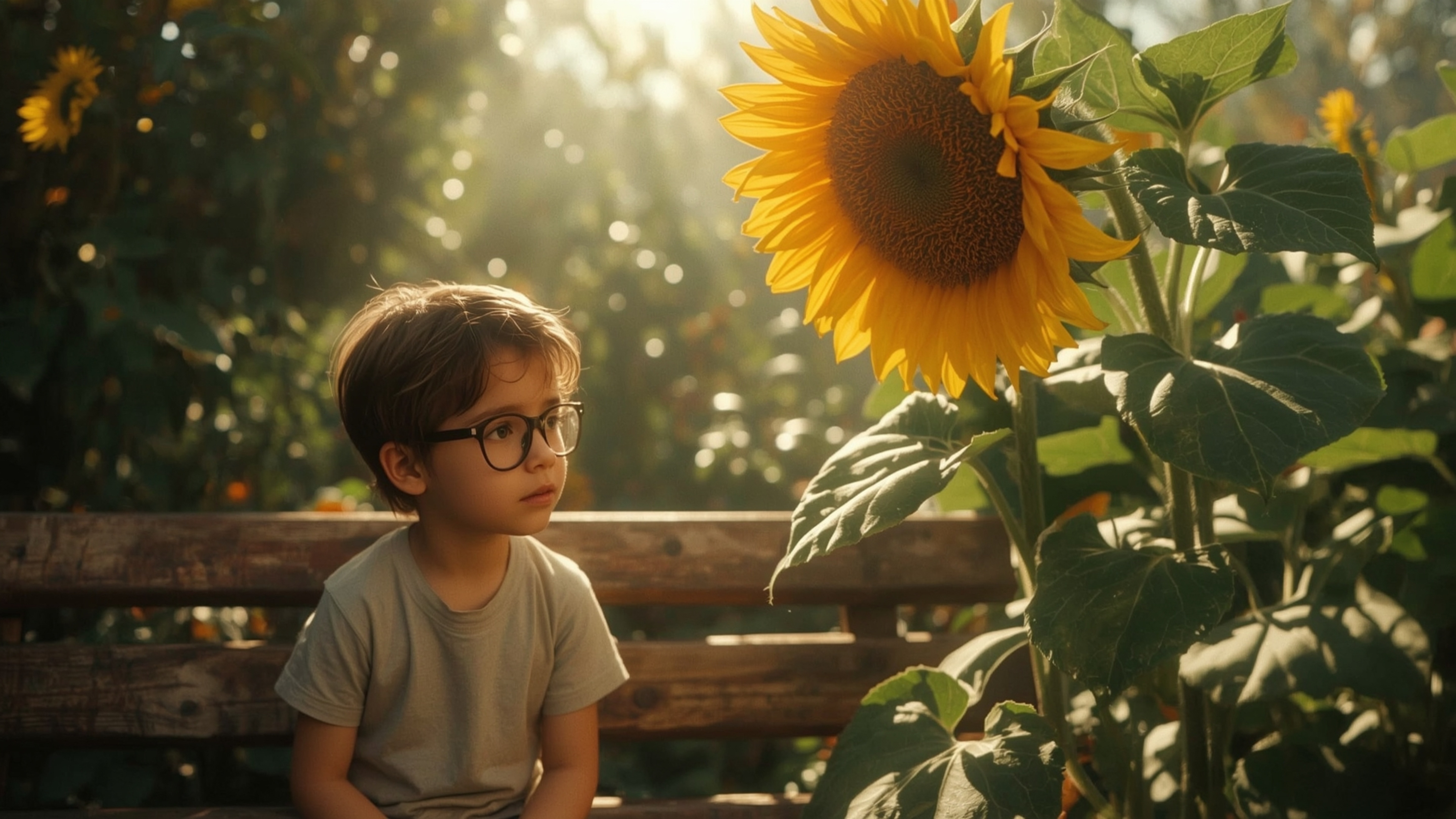 In a warmly lit, cinematic scene, a curious, bright-eyed young homeschooled genius, around 10-12 years old, shares a magical 