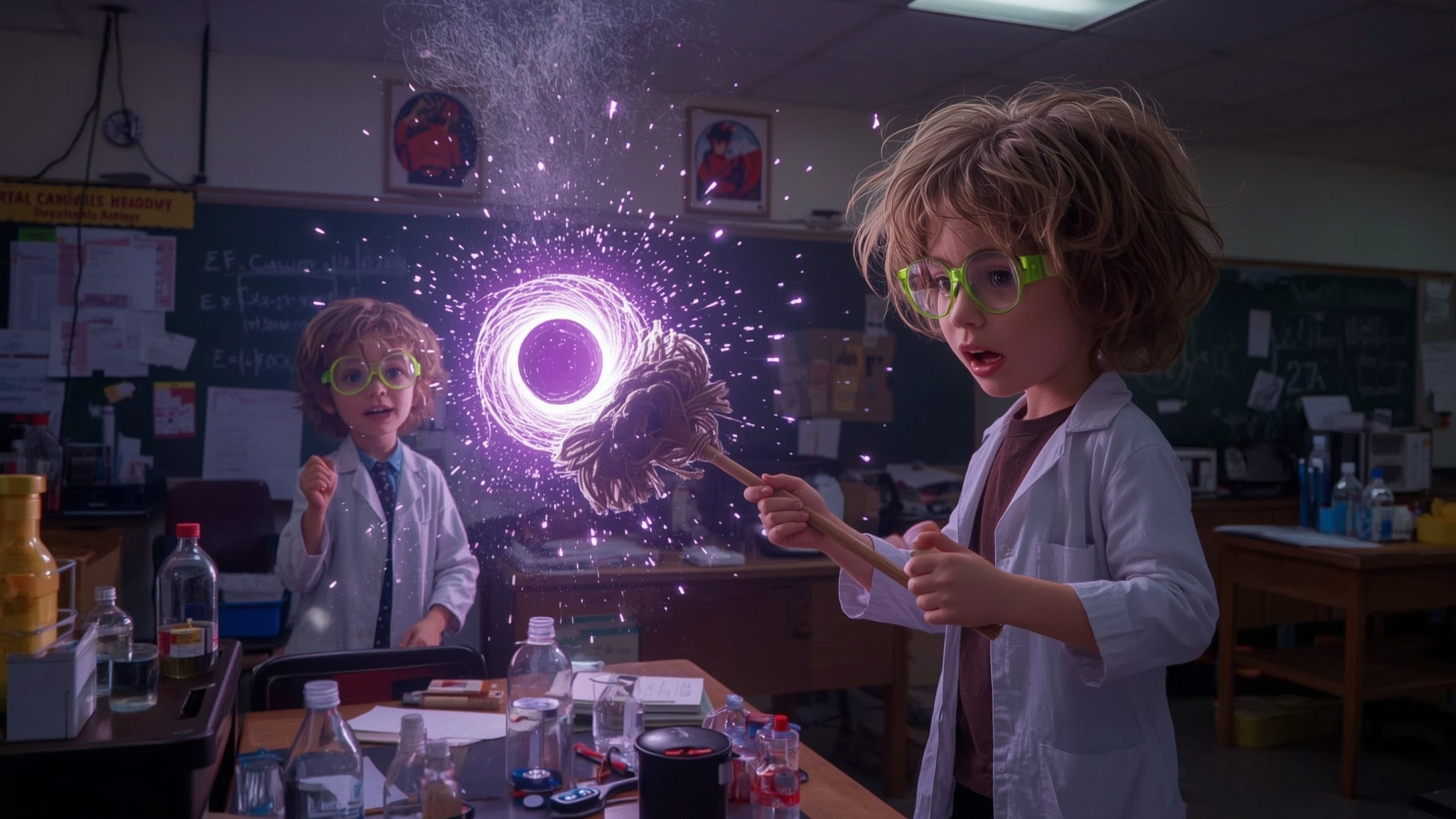 A vibrant, high-contrast cinematic photograph, in a stylized, Pixar-inspired aesthetic, captures two enthusiastic science fai
