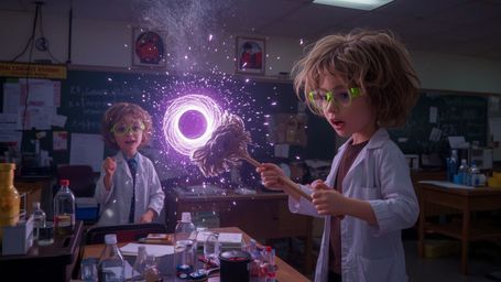 A vibrant, high-contrast cinematic photograph, in a stylized, Pixar-inspired aesthetic, captures two enthusiastic science fai