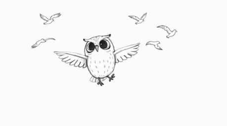 A whimsical hand-drawn sketch in the style of Pixar portrays a heartwarming scene of a blind owl, with its gentle and rounded