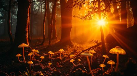Immerse yourself in a vintage-style enchanted forest bathed in a warm golden glow and intense dramatic lighting.  Glowing mus