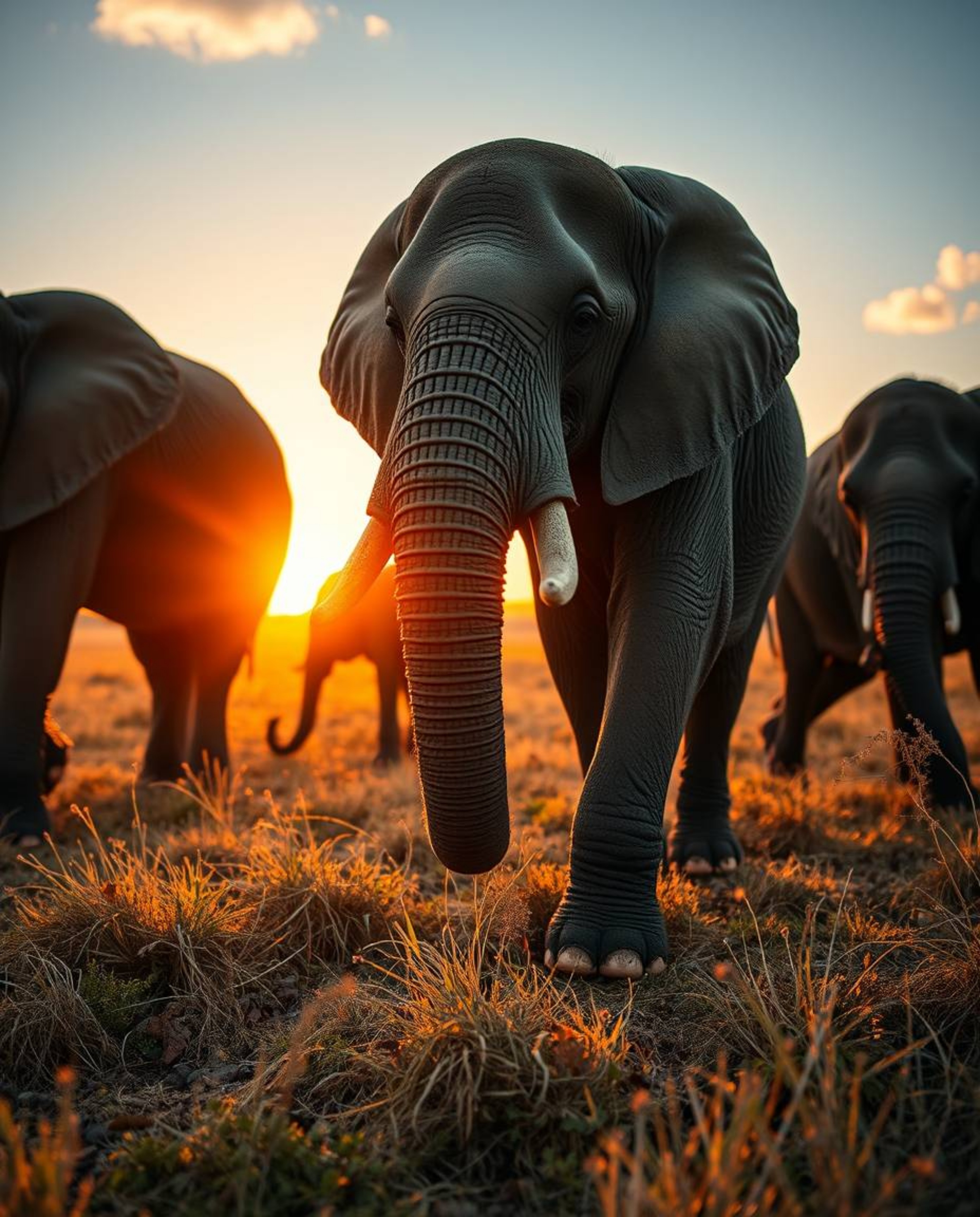 Extreme macro close-up of elephants walking across a field at sunset, warm autumn colors, small subject detail, earthy and co