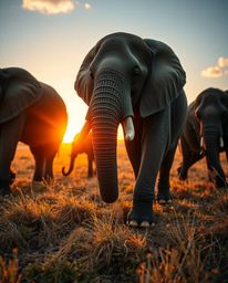 Extreme macro close-up of elephants walking across a field at sunset, warm autumn colors, small subject detail, earthy and co