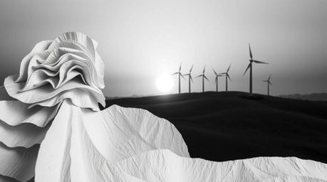 A timeless and elegant layered papier-mâché sculpture depicting a classic black and white sunset behind wind turbines on a hi