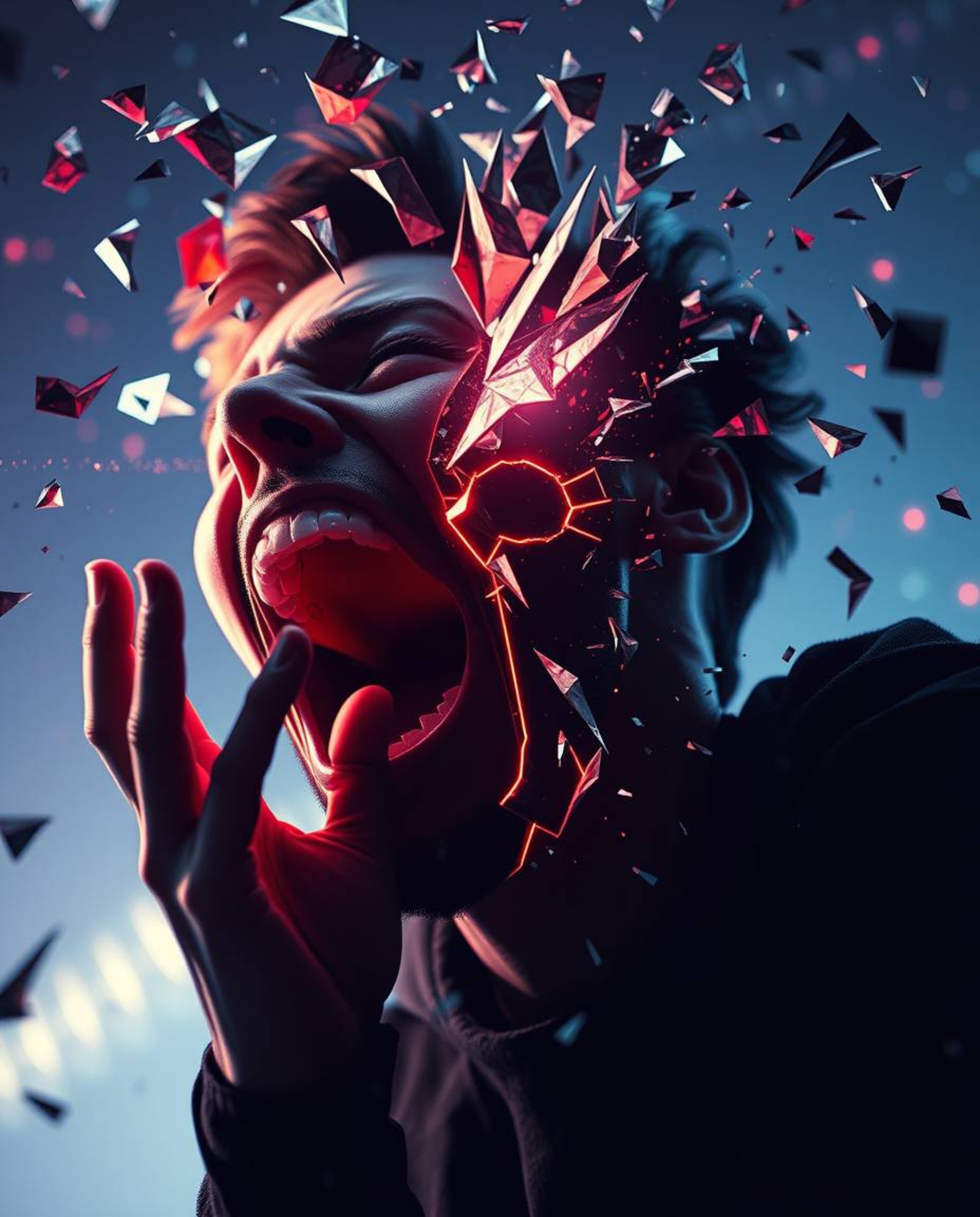 A captivating image depicting a person screaming as their world dramatically transforms into a vibrant pixelated landscape wi