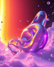 Immerse yourself in an epic digital scene showcasing massive, glassy fluid 3D shapes in mesmerizing motion.  Surrounded by gl