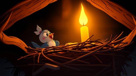 A captivating scene depicts two charming cartoon birds meticulously constructing their nest, rendered in a classic animation 