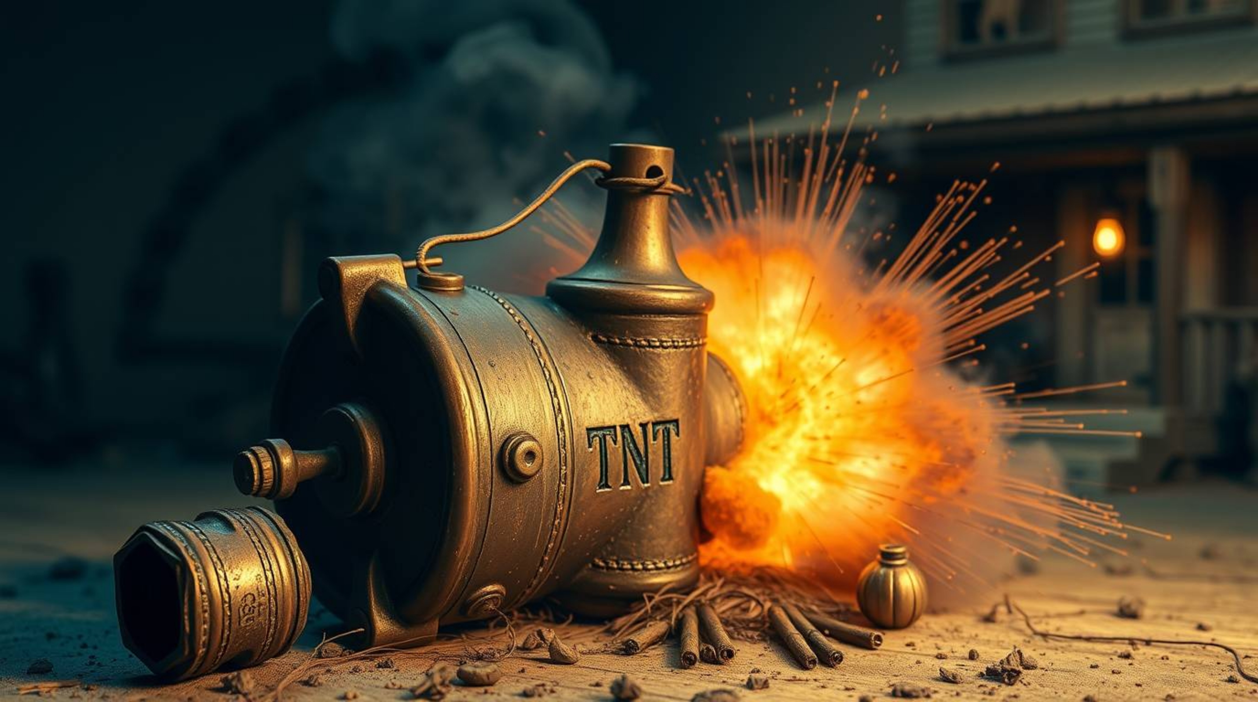 This artwork depicts a classic exploding TNT gag in a wild west setting, rendered in an antique style with a cast bronze surf