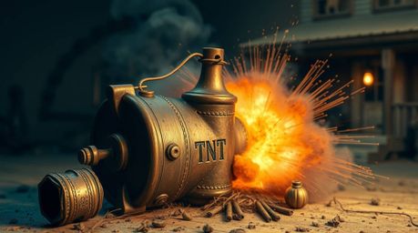 This artwork depicts a classic exploding TNT gag in a wild west setting, rendered in an antique style with a cast bronze surf