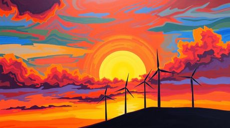 A captivating painting depicts a vibrant sunset casting its warm hues behind a row of wind turbines perched atop a hill.  The