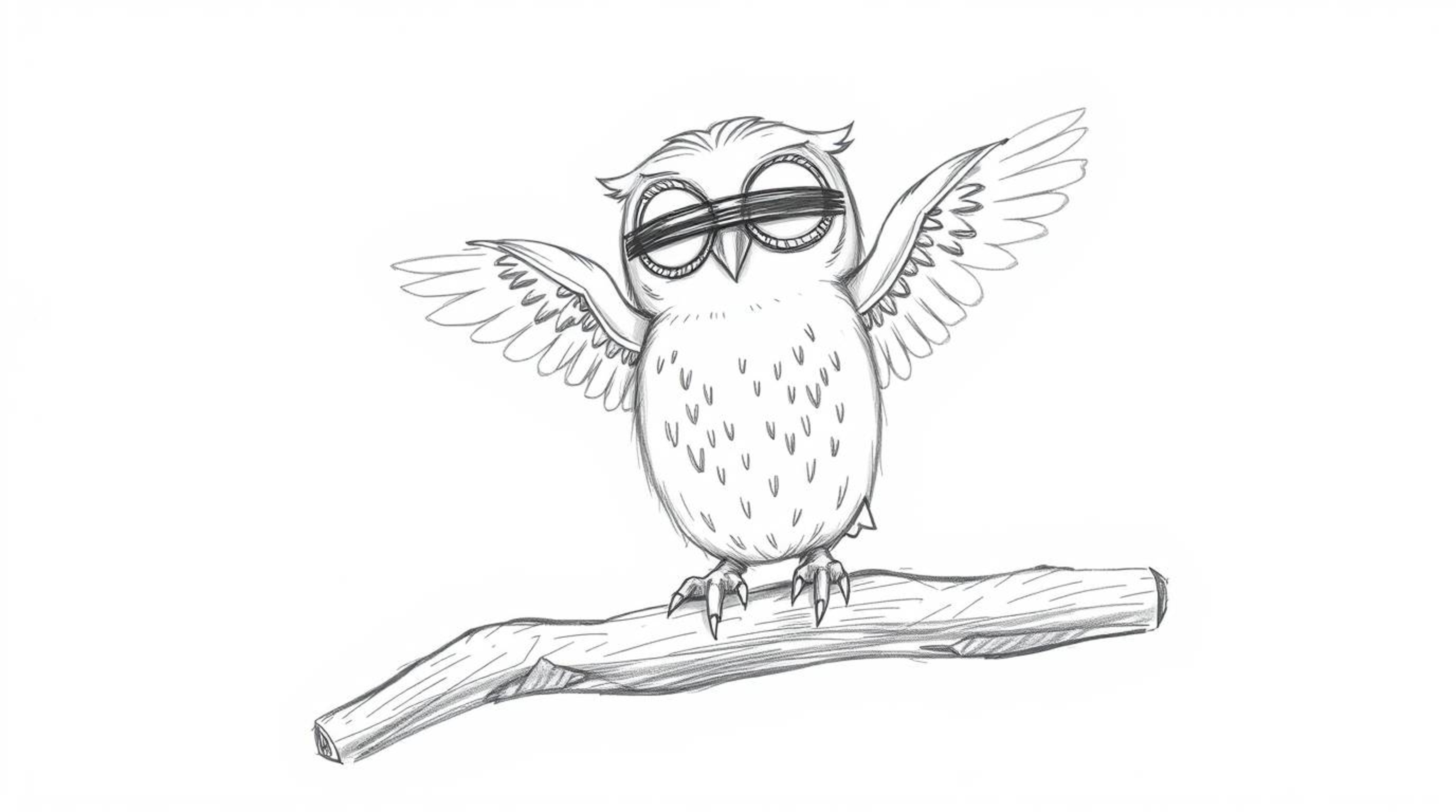 A heartwarming hand-drawn sketch in a Pixar style depicts a gentle, blind owl patiently guiding birds in the art of flight. P