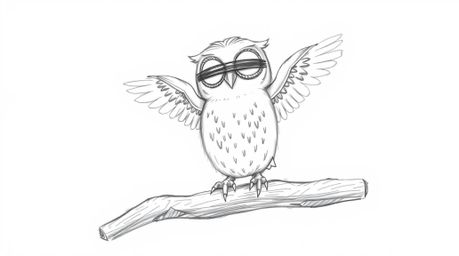 A heartwarming hand-drawn sketch in a Pixar style depicts a gentle, blind owl patiently guiding birds in the art of flight. P