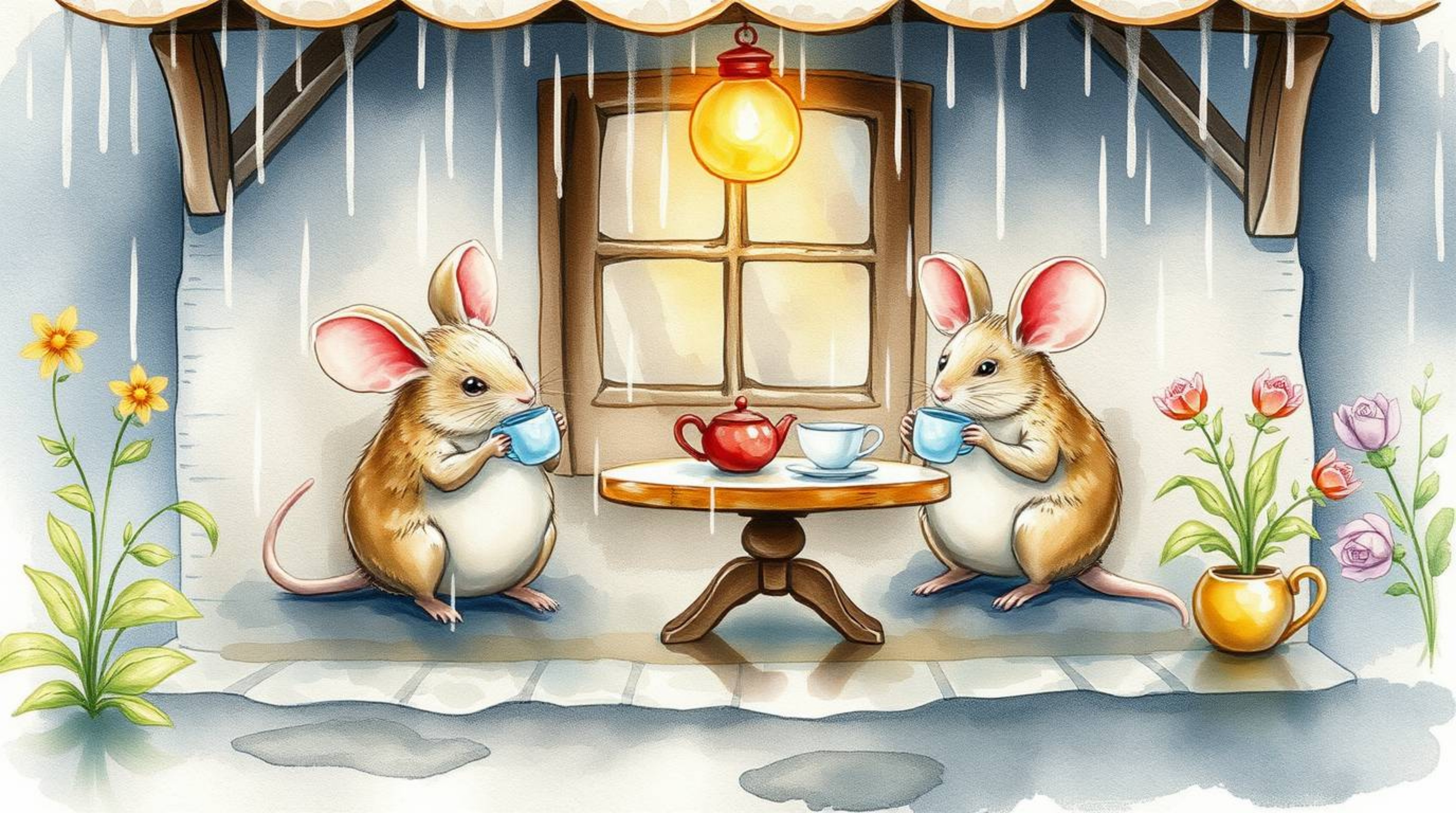 A charming watercolor painting depicts adorable anthropomorphic mice enjoying a tea party in a cozy cottage on a rainy day.  