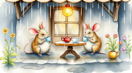 A charming watercolor painting depicts adorable anthropomorphic mice enjoying a tea party in a cozy cottage on a rainy day.