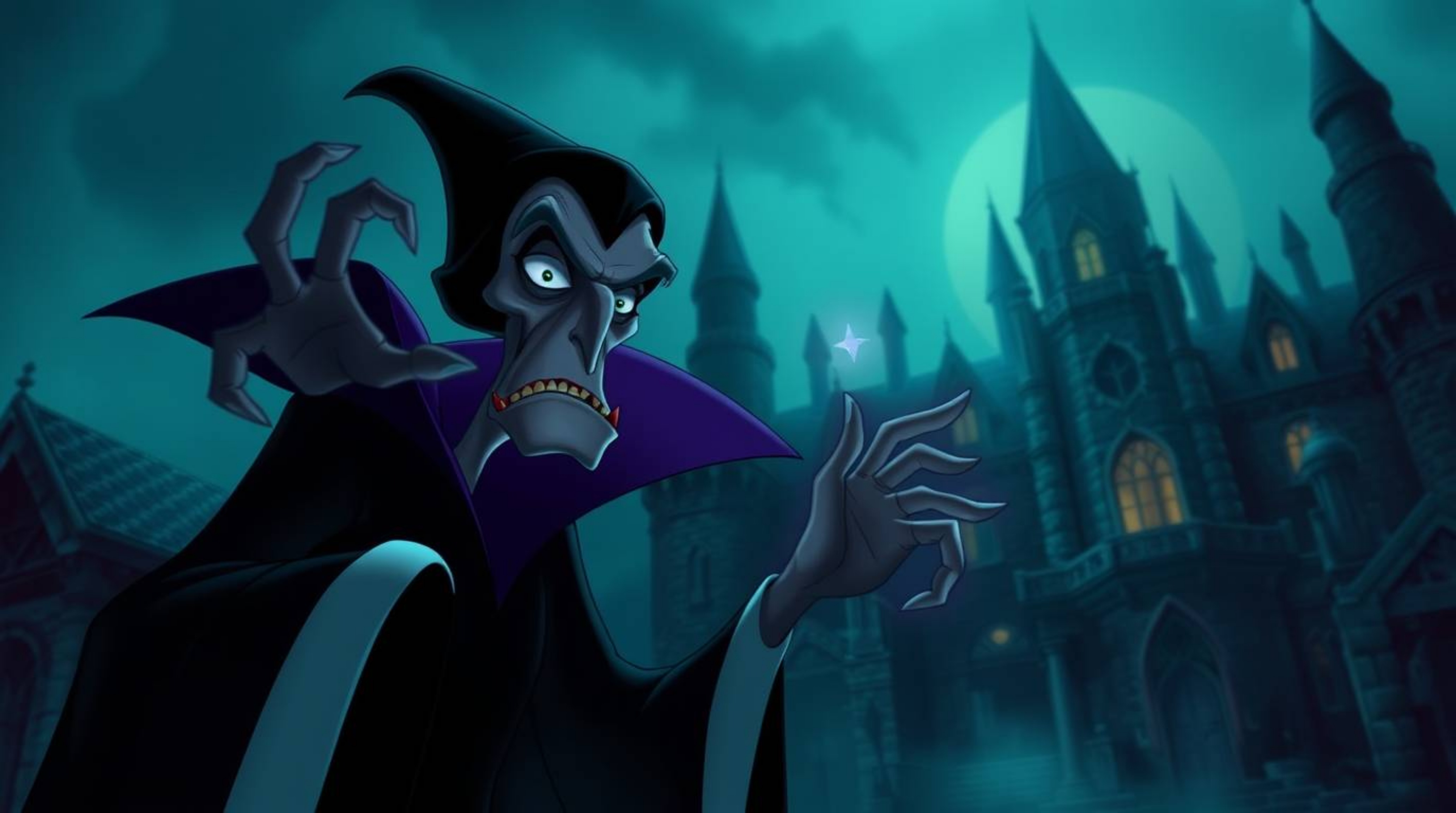 This image depicts a classic Disney villain with gaunt features and piercing eyes, deeply engrossed in casting a spell within