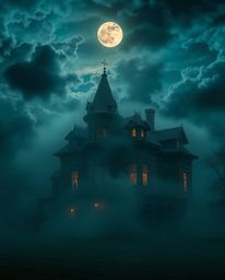 A dramatic image showcasing a fog-laden Victorian mansion bathed in ethereal moonlight, set against the backdrop of an intens